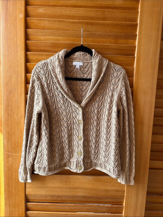 Charter Club Sweaters - Charter Club Beige Openwork Knit Shawl-Collar Button Cardigan Petite Large